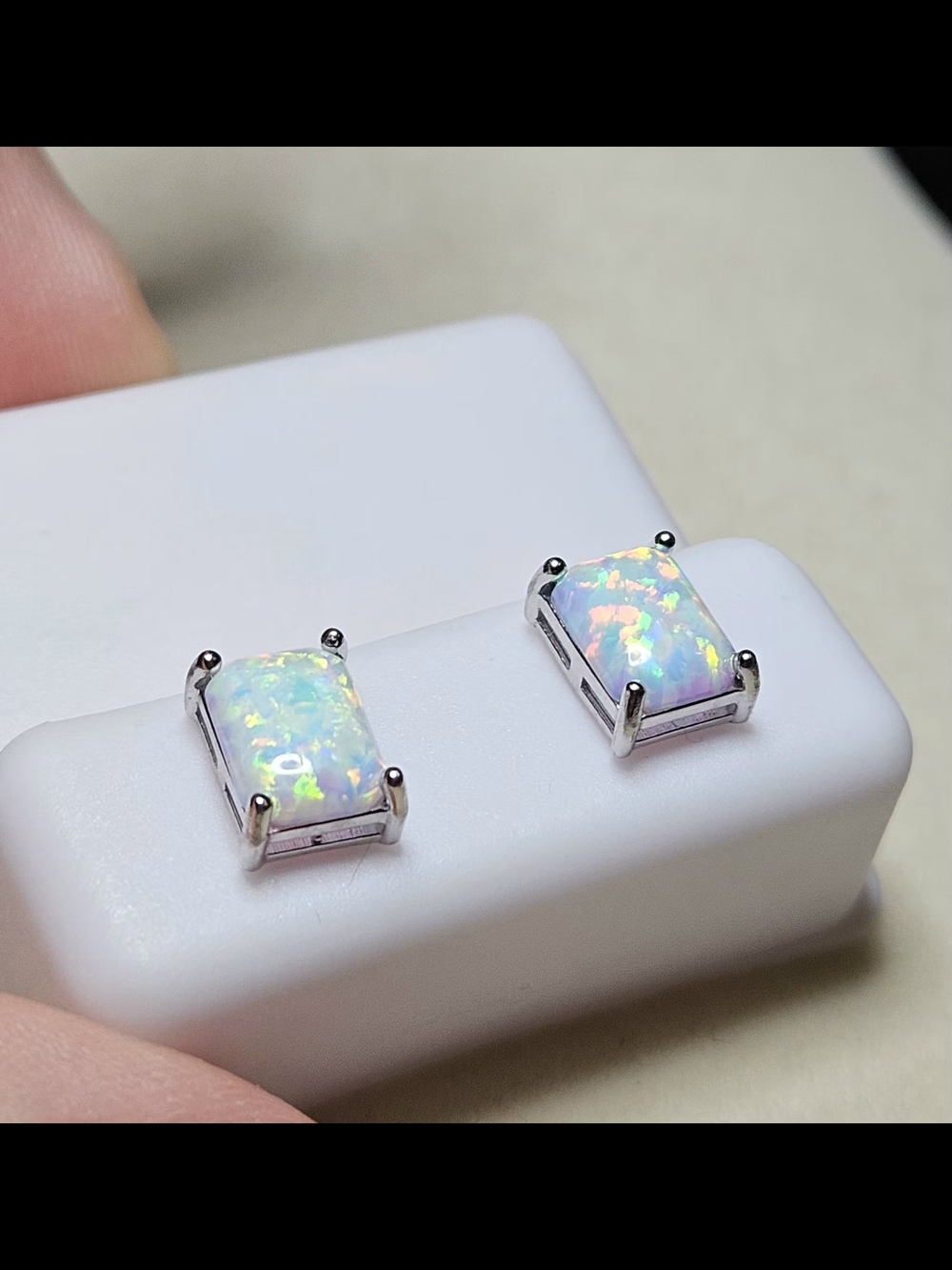 ✨ 925 Sterling Silver 6x8mm Emerald Cut White Fire Opal Stud Earrings ✨
